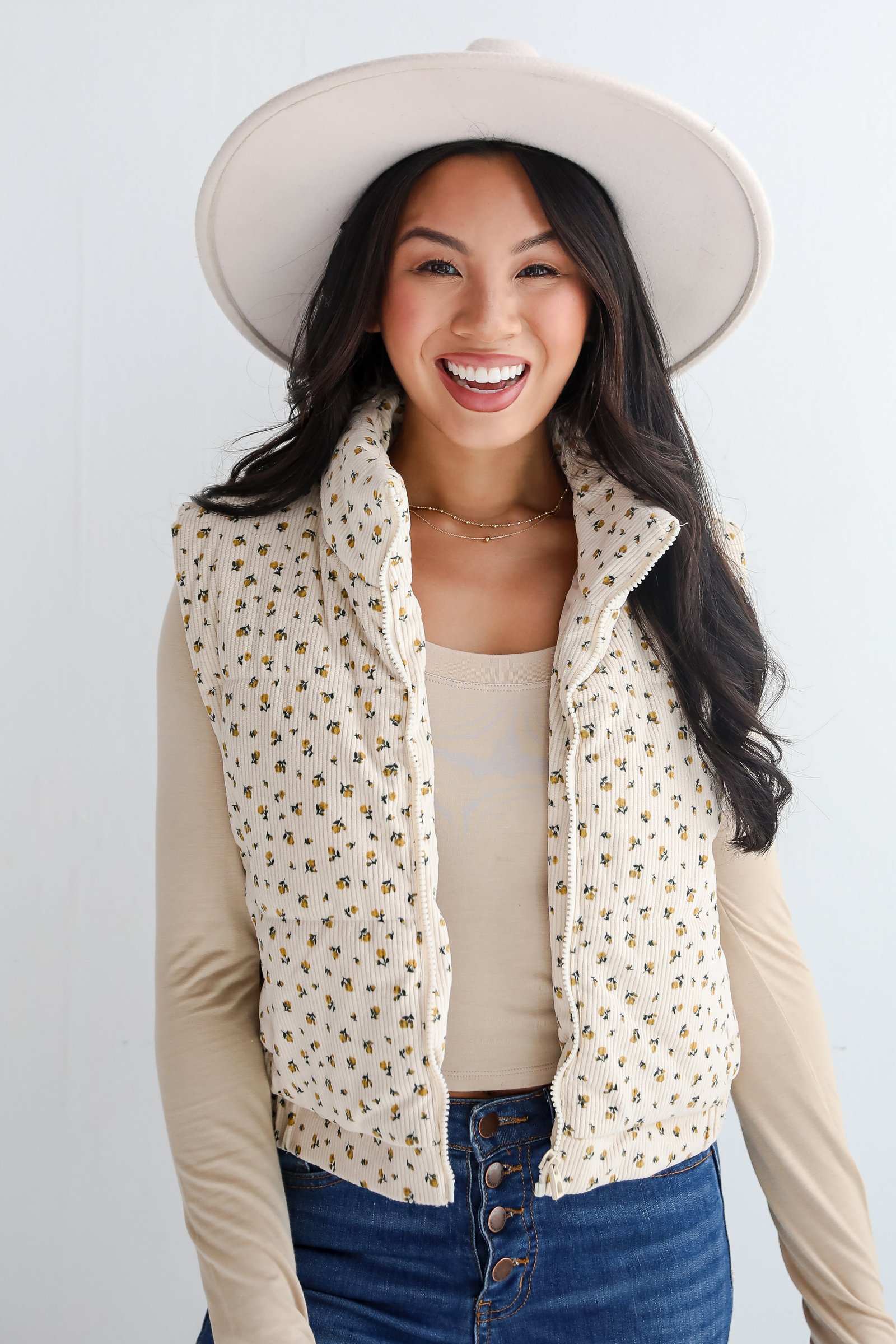 Charming Comfort Cream Floral Corduroy Puffer Vest LT8